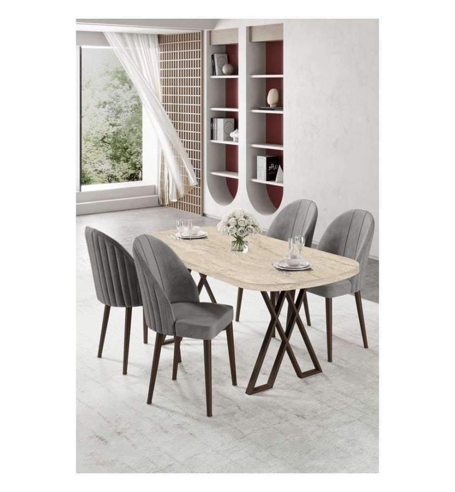 Ensemble table et chaises de salle à manger, 5 pièces, 100 % MDF, travertin, gris