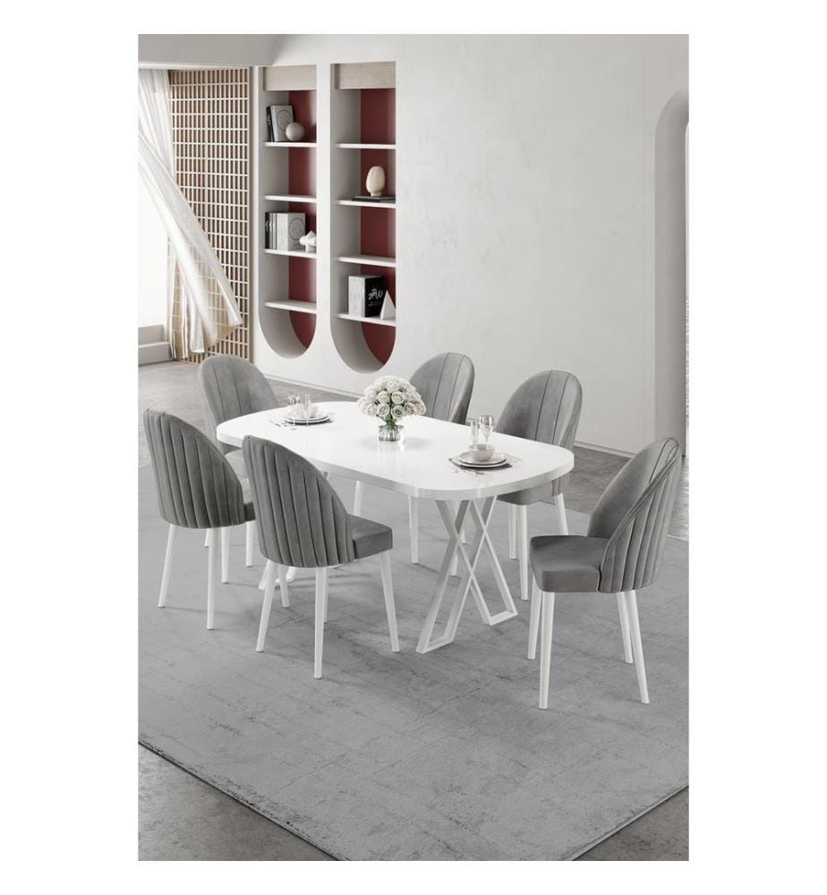 Ensemble table et chaises de salle à manger, 7 pièces, 100 % MDF, blanc et gris