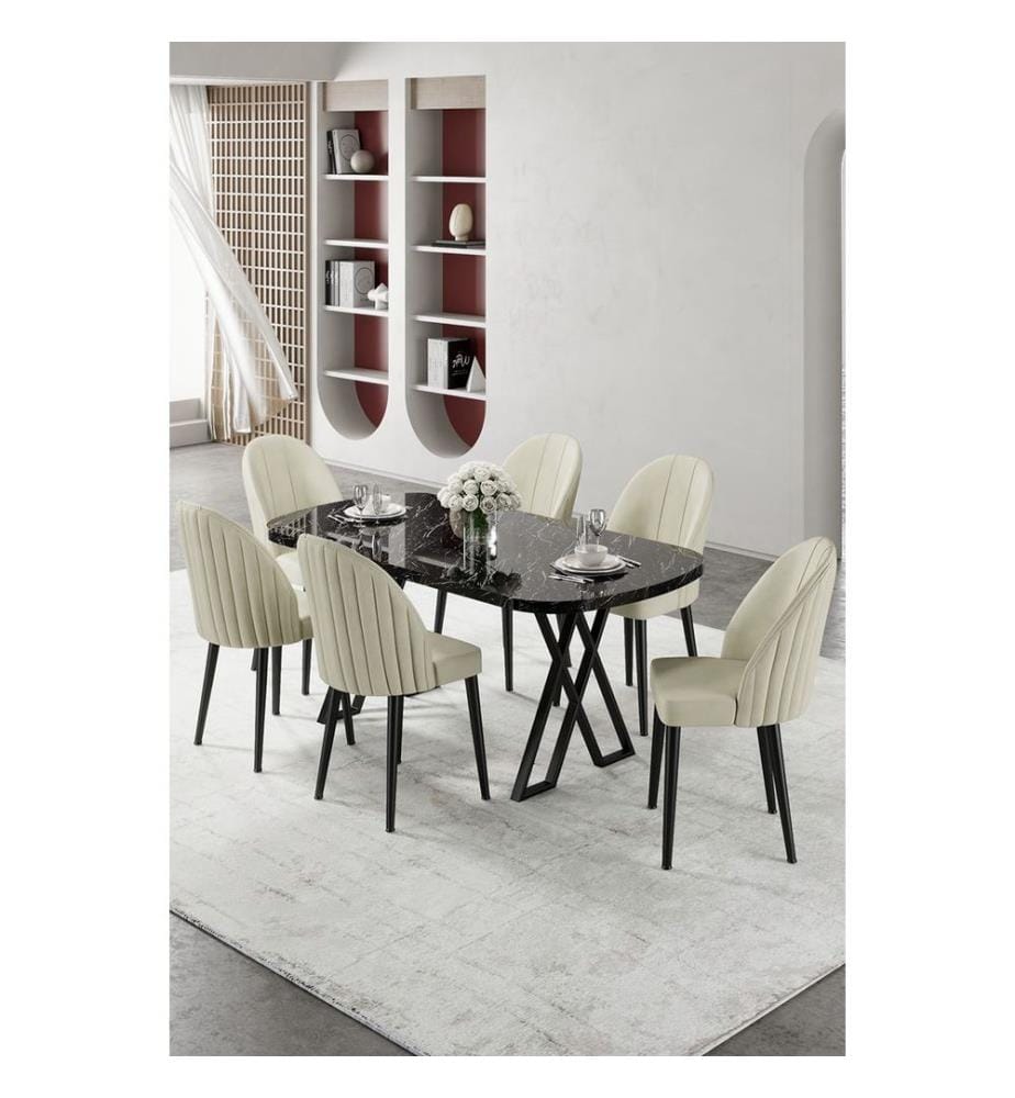 Ensemble table et chaises de salle à manger, 7 pièces, 100 % MDF, marbre noir, crème