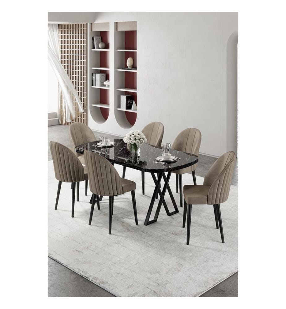 Ensemble table et chaises de salle à manger, 7 pièces, 100 % MDF, marbre noir, cappuccino