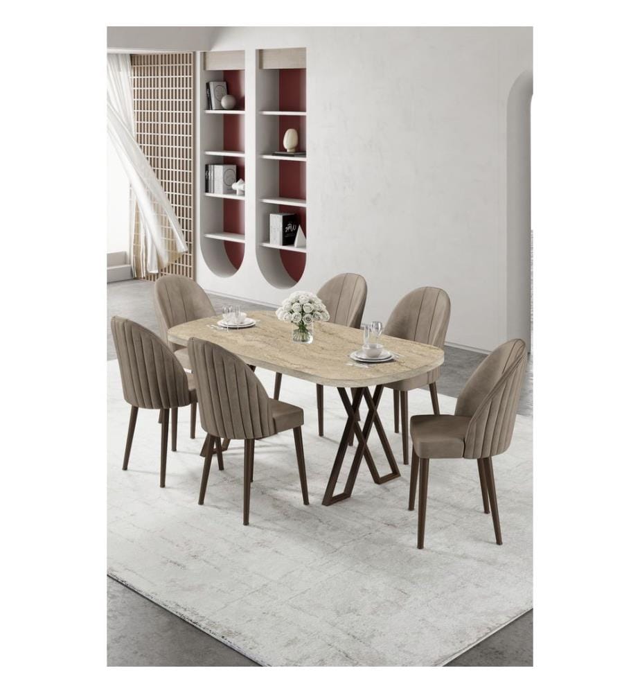 Ensemble table et chaises de salle à manger, 7 pièces, 100 % MDF, travertin, cappuccino