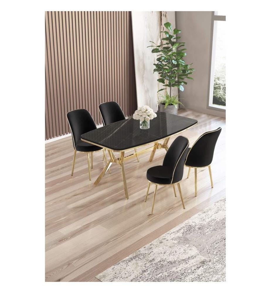 Ensemble table et chaises de salle à manger, 5 pièces, panneau 100 % laqué, marbre noir, or, noir