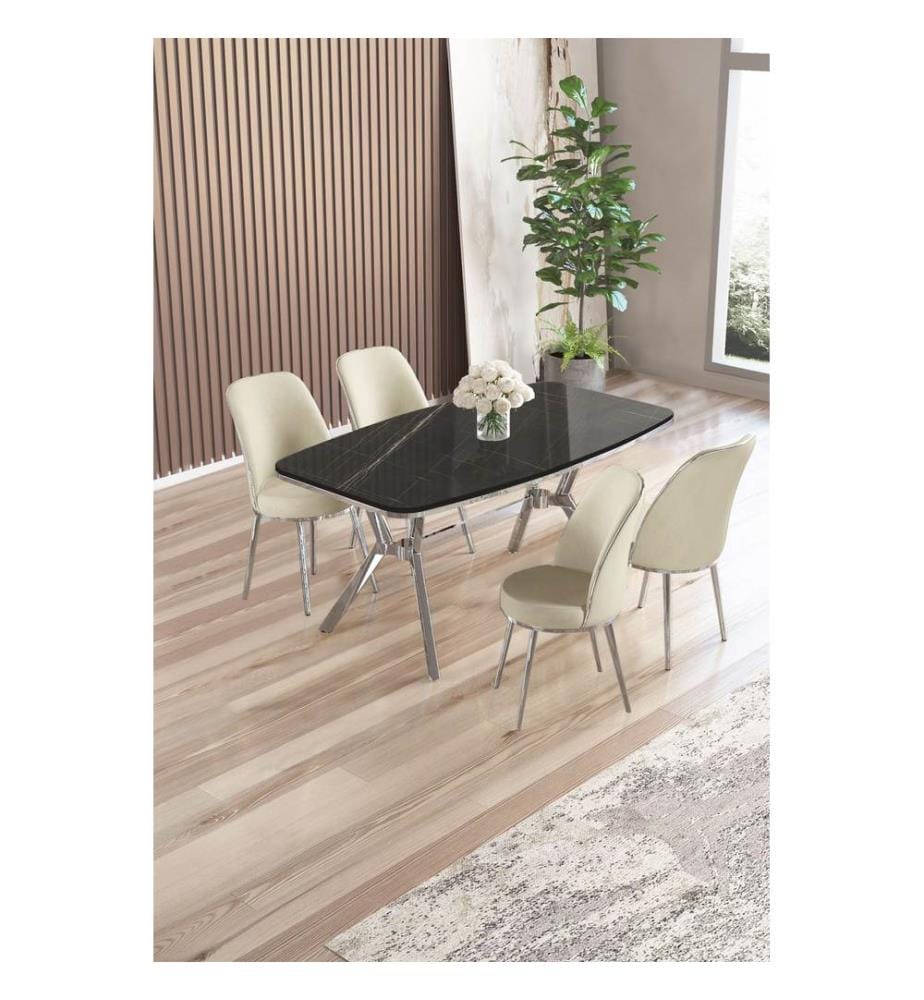 Ensemble table et chaises de salle à manger, 5 pièces, panneau 100 % laqué, marbre noir, chrome, crème