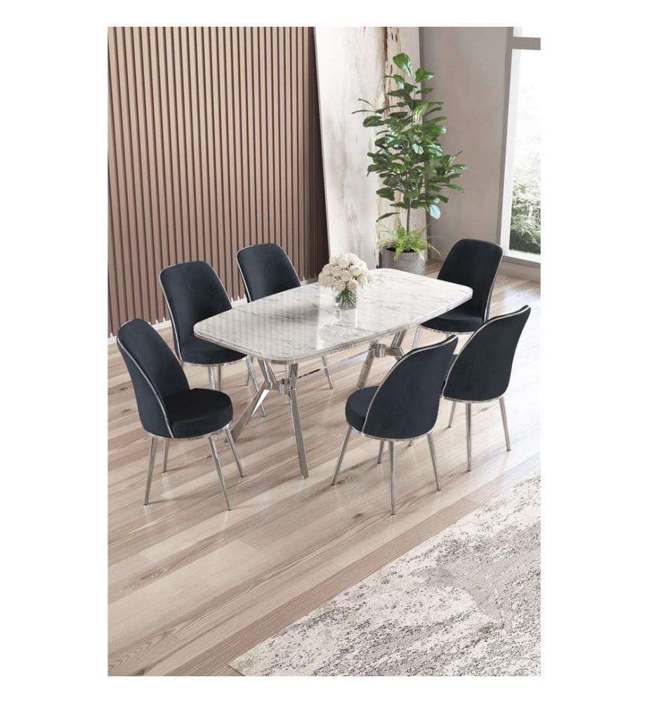 Ensemble table et chaises de salle à manger, 7 pièces, panneau 100 % laqué, marbre blanc, chrome, anthracite