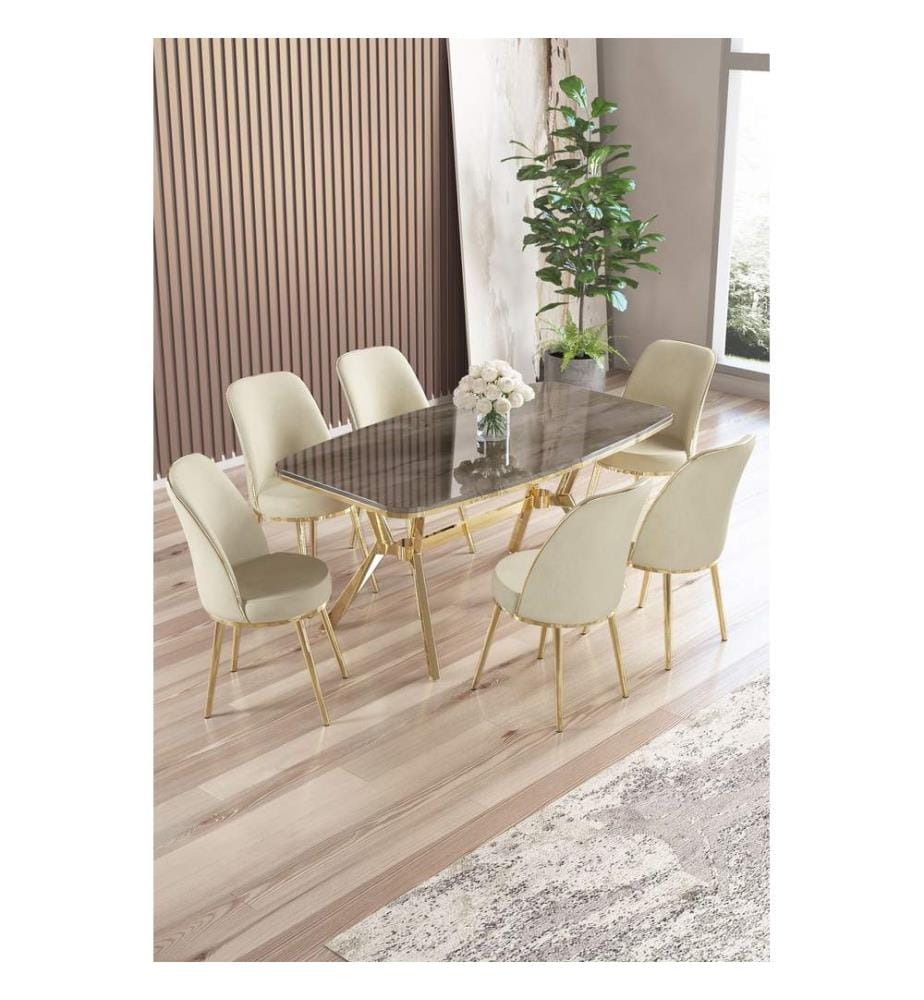 Ensemble table et chaises de salle à manger, 7 pièces, panneau 100 % laqué, anthracite, or, crème