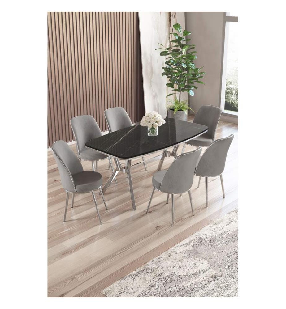 Ensemble table et chaises de salle à manger, 7 pièces, panneau 100 % laqué, marbre noir, chrome, gris