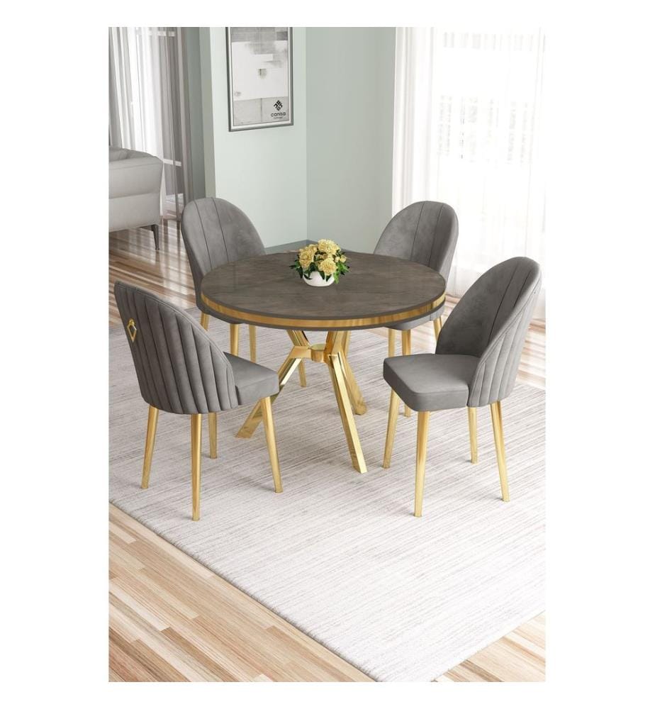 Ensemble table et chaises de salle à manger, 5 pièces, panneau 100 % laqué, anthracite, or, gris