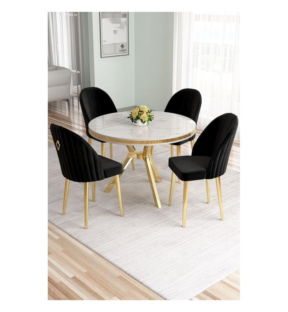 Ensemble table et chaises de salle à manger, 5 pièces, panneau 100 % laqué, marbre blanc, or, noir