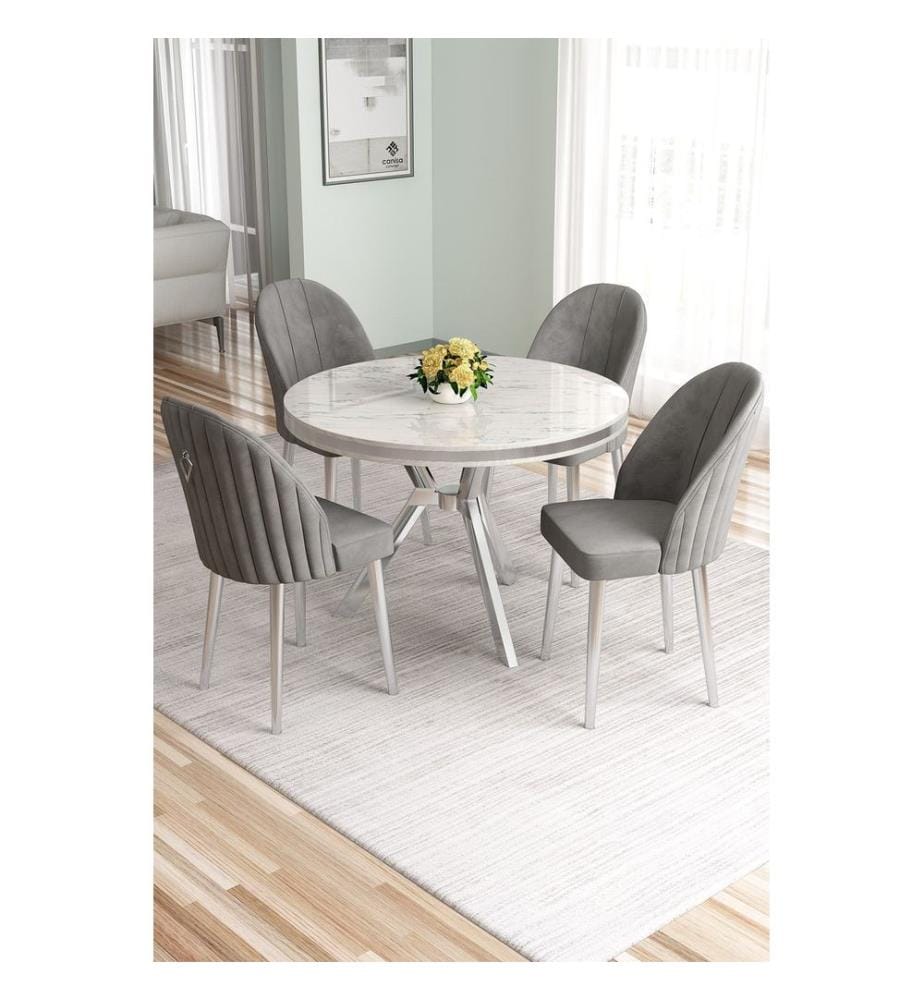 Ensemble table et chaises de salle à manger, 5 pièces, panneau 100 % laqué, marbre blanc, chrome, gris