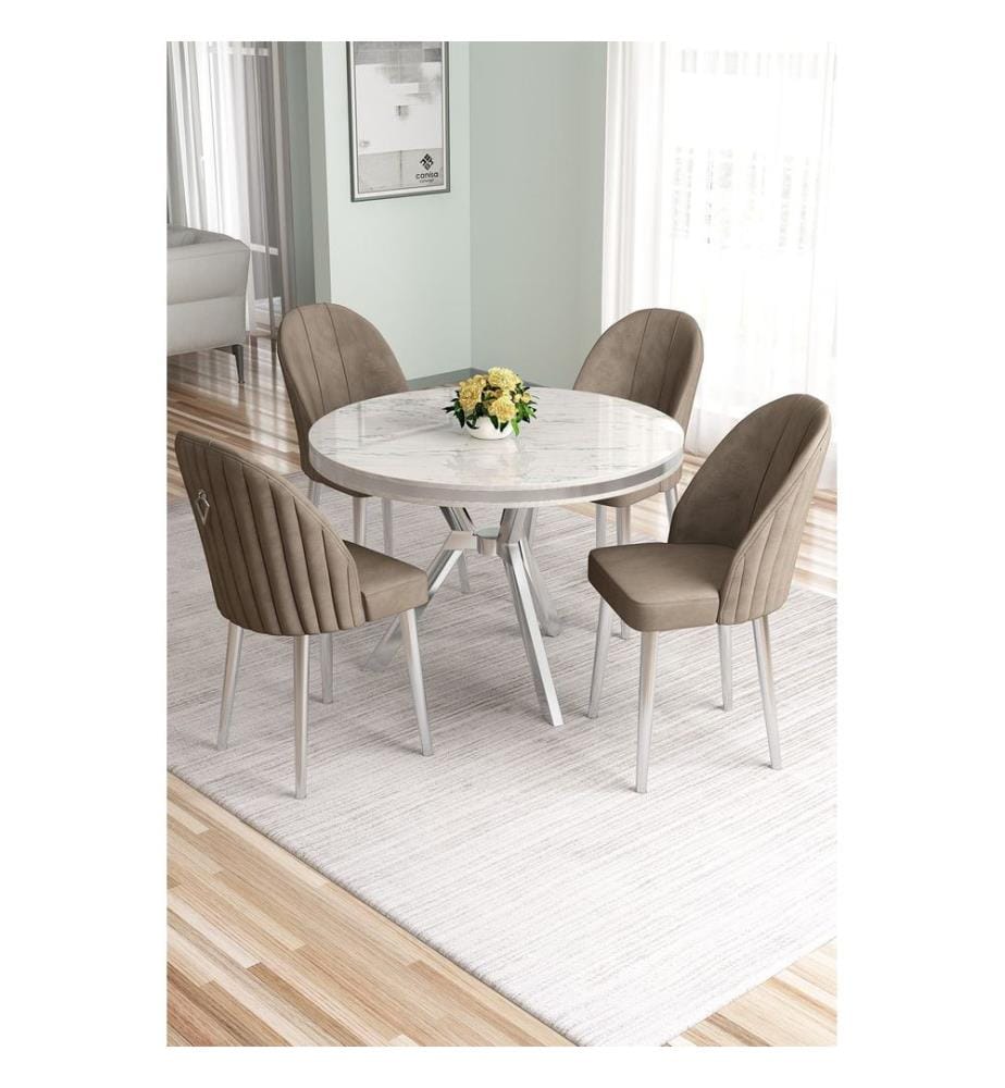 Ensemble table et chaises de salle à manger, 5 pièces, panneau 100 % laqué, marbre blanc, chrome, cappuccino