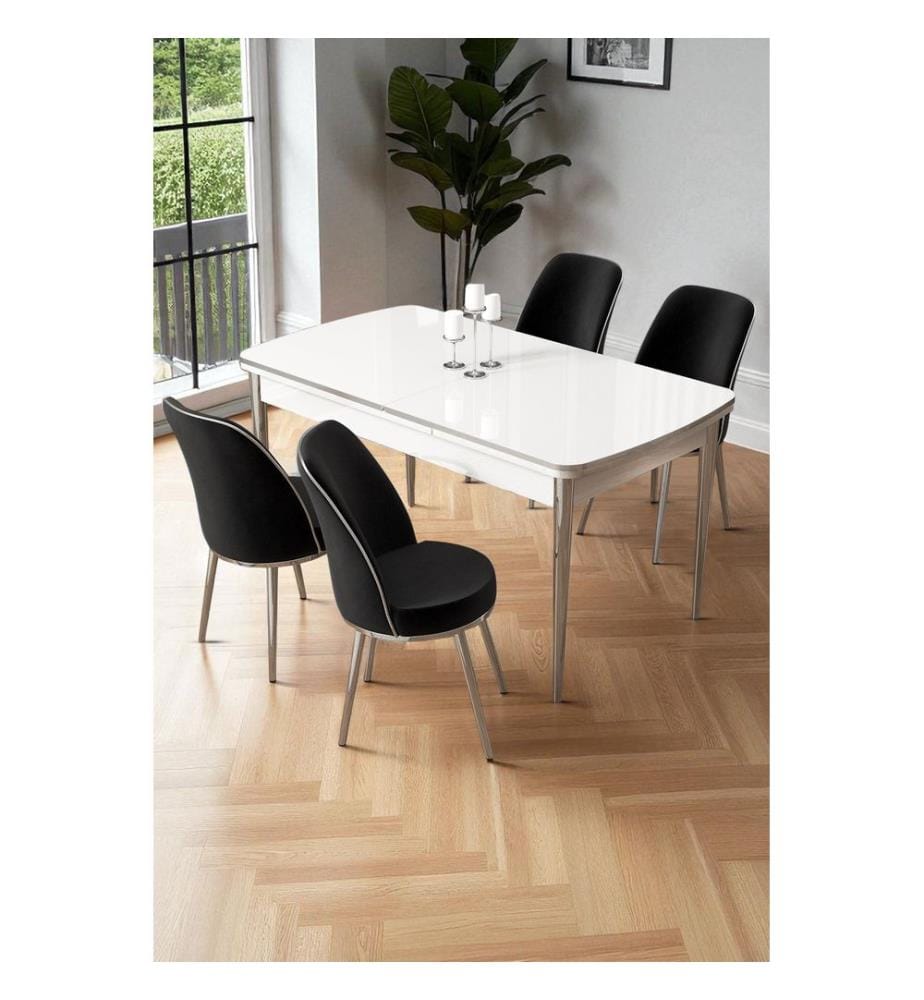 Ensemble table et chaises de salle à manger extensibles, 5 pièces, 100 % MDF, blanc, chromé, noir