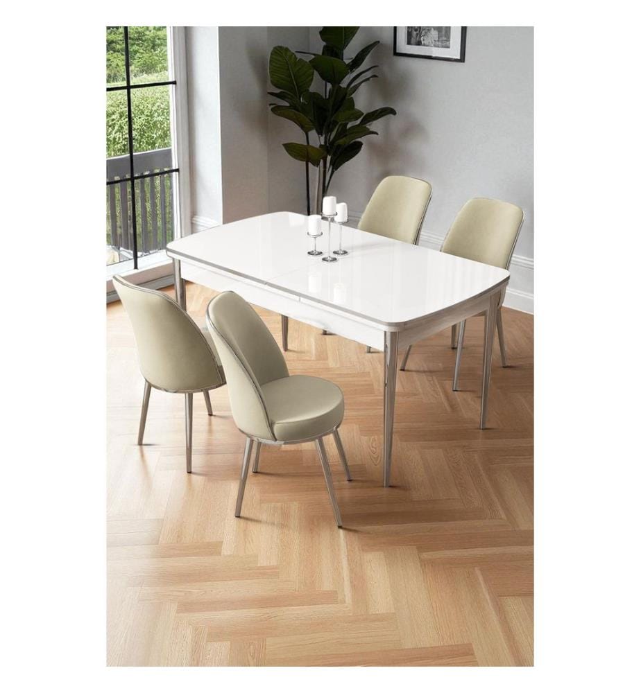 Ensemble table et chaises extensibles, 5 pièces, 100 % MDF, blanc, chromé, crème