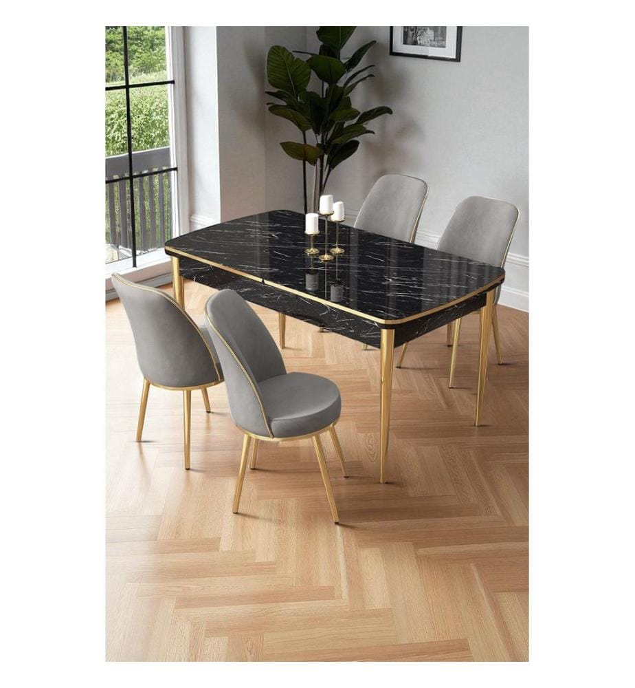 Ensemble table et chaises extensibles, 5 pièces, 100 % MDF, marbre noir, or, gris