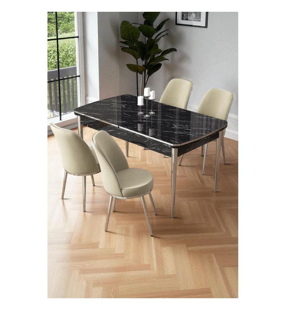 Ensemble table et chaises extensibles, 5 pièces, 100 % MDF, marbre noir, chrome, crème