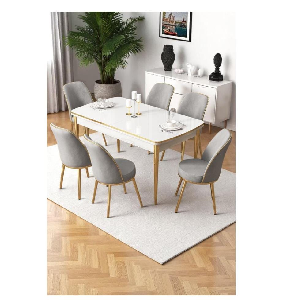 Ensemble table et chaises extensibles, 7 pièces, 100 % MDF, blanc, doré, gris