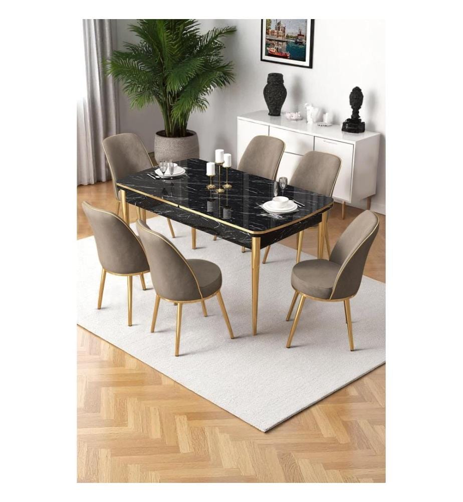 Ensemble table et chaises extensibles, 7 pièces, 100 % MDF, marbre noir, or, cappuccino