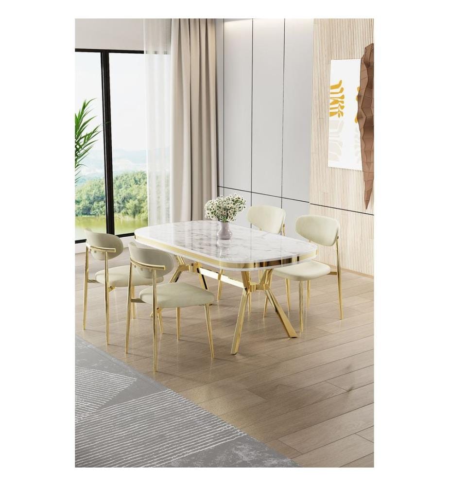 Ensemble table et chaises de salle à manger, 5 pièces, panneau 100 % laqué, marbre blanc, or, crème