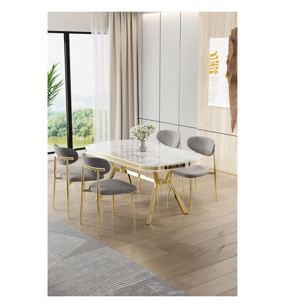 Ensemble table et chaises de salle à manger, 5 pièces, panneau 100 % laqué, marbre blanc, or, gris