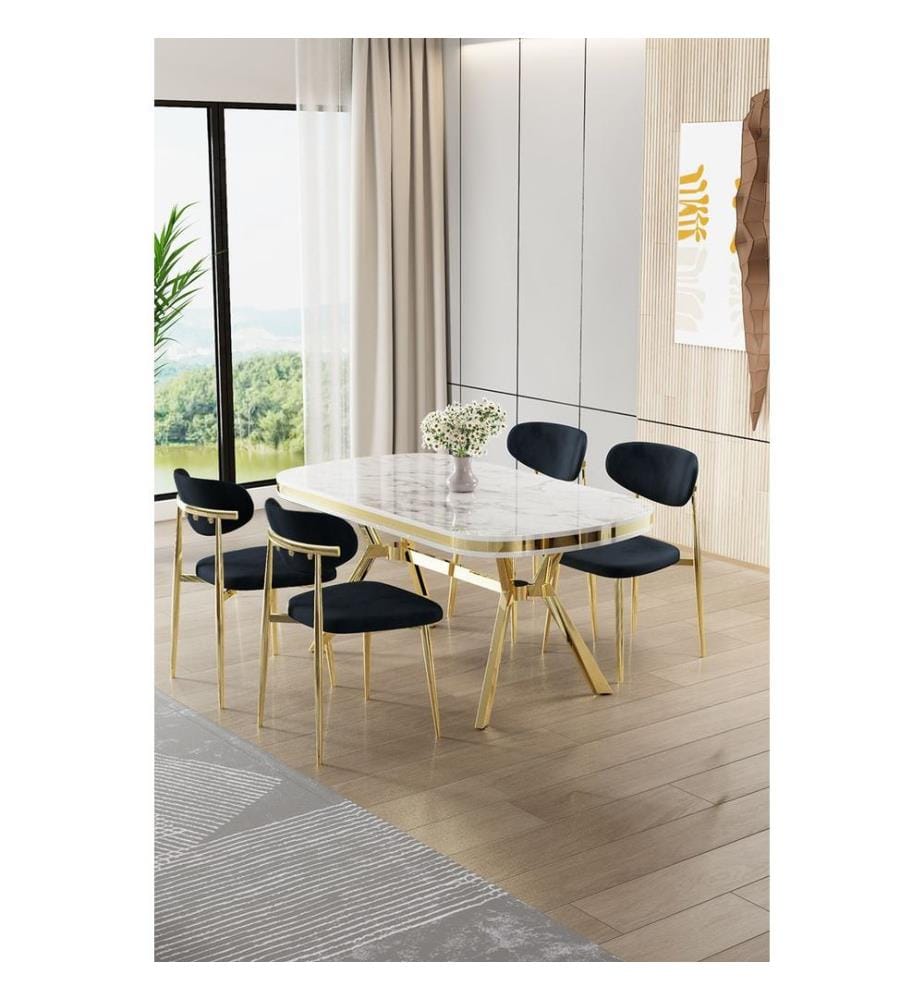 Ensemble table et chaises de salle à manger, 5 pièces, panneau 100 % laqué, marbre blanc, or, anthracite