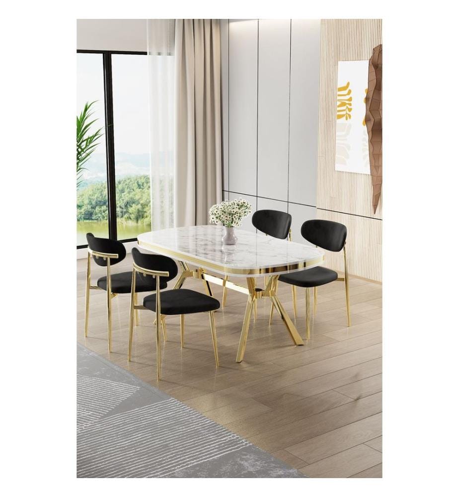 Ensemble table et chaises de salle à manger, 5 pièces, panneau 100 % laqué, marbre blanc, or, noir