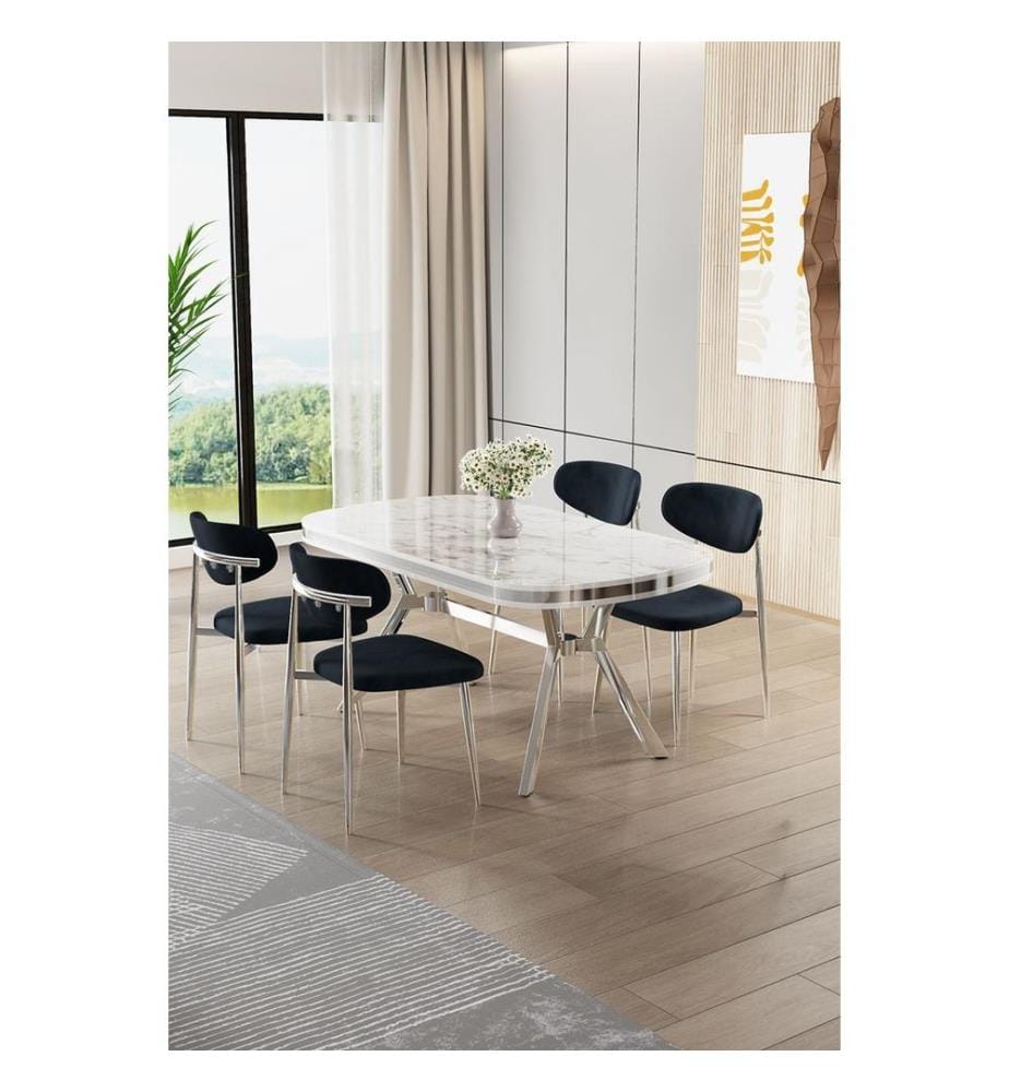 Ensemble table et chaises de salle à manger, 5 pièces, panneau 100 % laqué, marbre blanc, chrome, anthracite