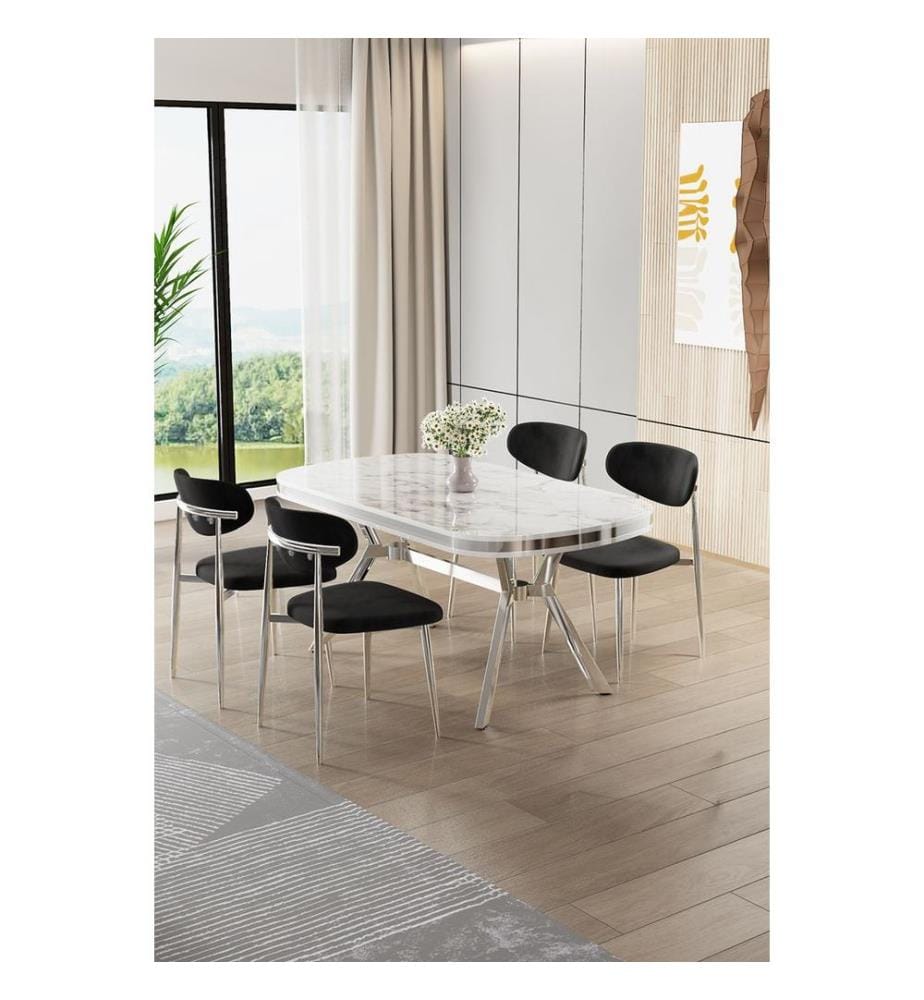 Ensemble table et chaises de salle à manger, 5 pièces, panneau 100 % laqué, marbre blanc, chrome, noir