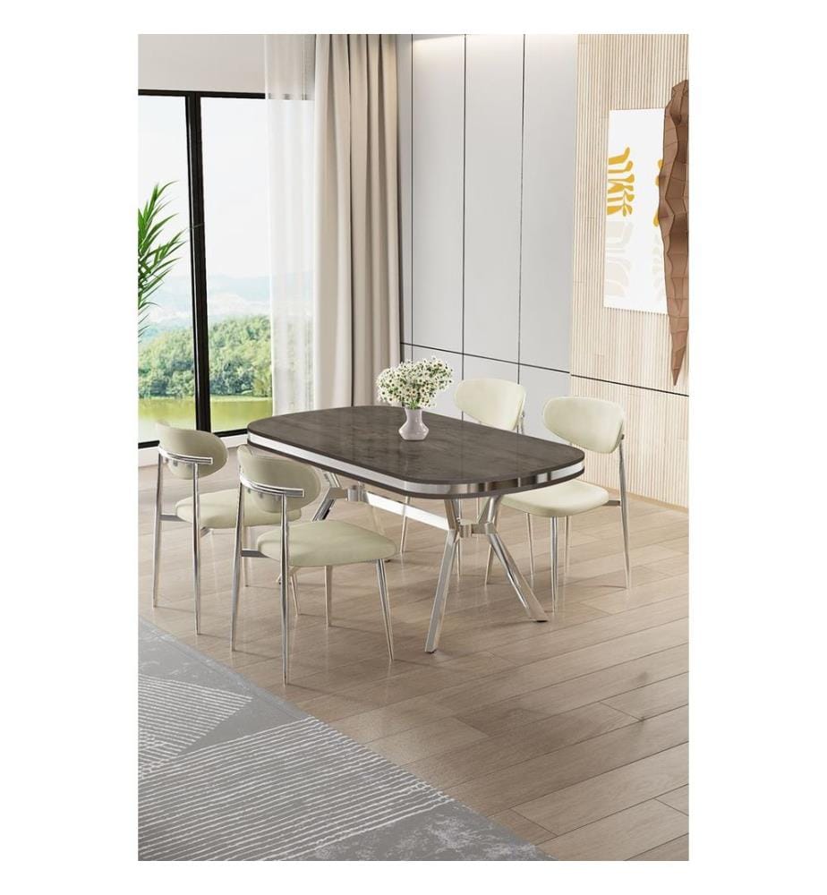 Ensemble table et chaises de salle à manger, 5 pièces, panneau 100 % laqué, anthracite, chrome, crème