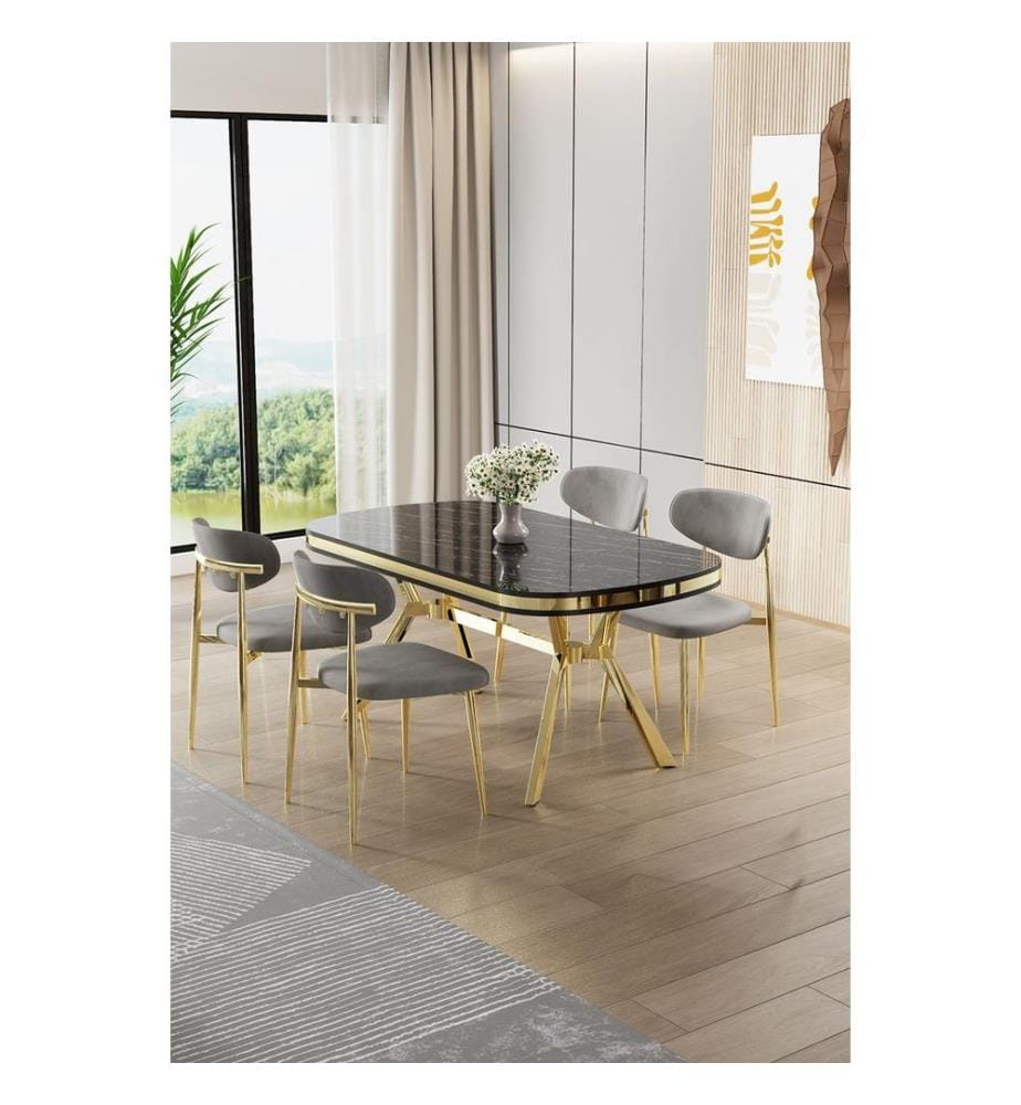 Ensemble table et chaises de salle à manger, 5 pièces, panneau 100 % laqué, marbre noir, or, gris