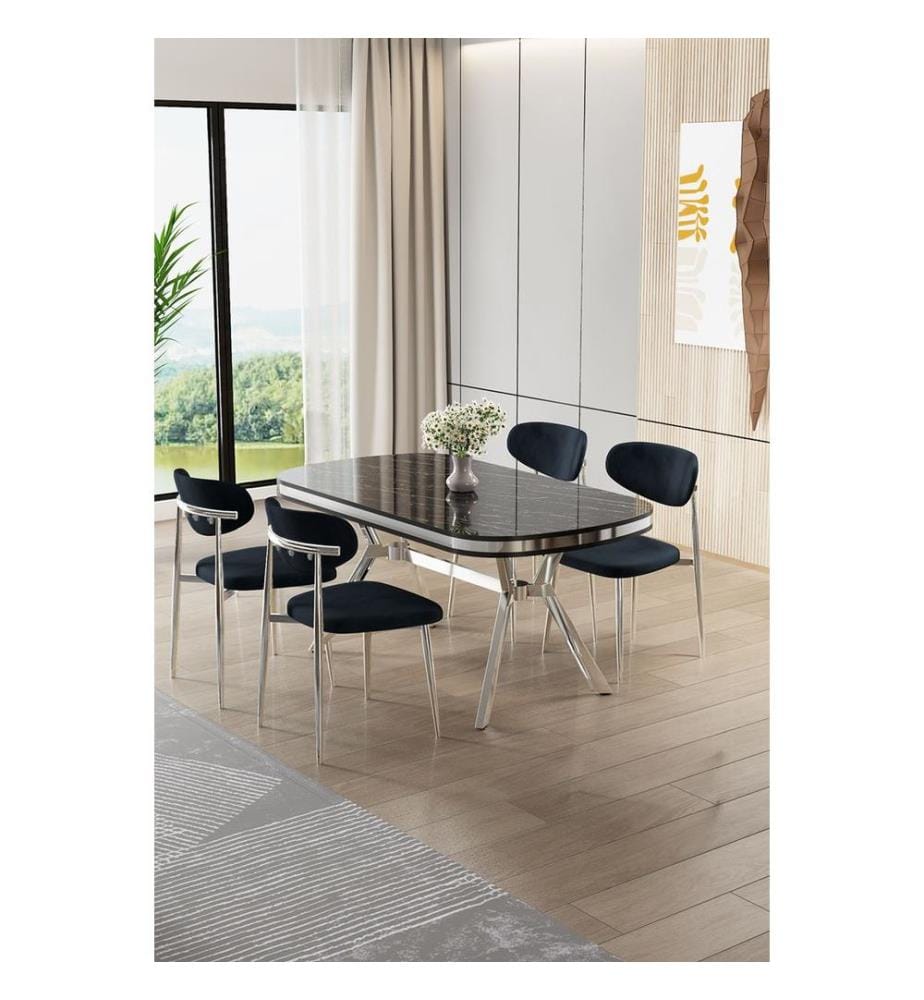 Ensemble table et chaises de salle à manger, 5 pièces, panneau 100 % laqué, marbre noir, chrome, anthracite