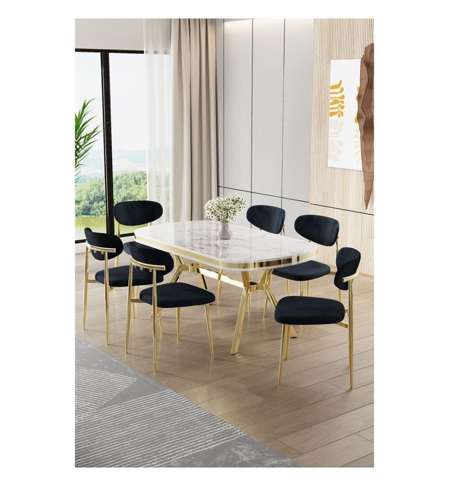 Ensemble table et chaises de salle à manger, 7 pièces, panneau 100 % laqué, marbre blanc, or, anthracite