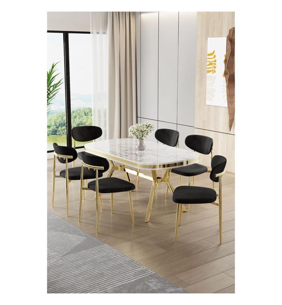 Ensemble table et chaises de salle à manger, 7 pièces, panneau 100 % laqué, marbre blanc, or, noir