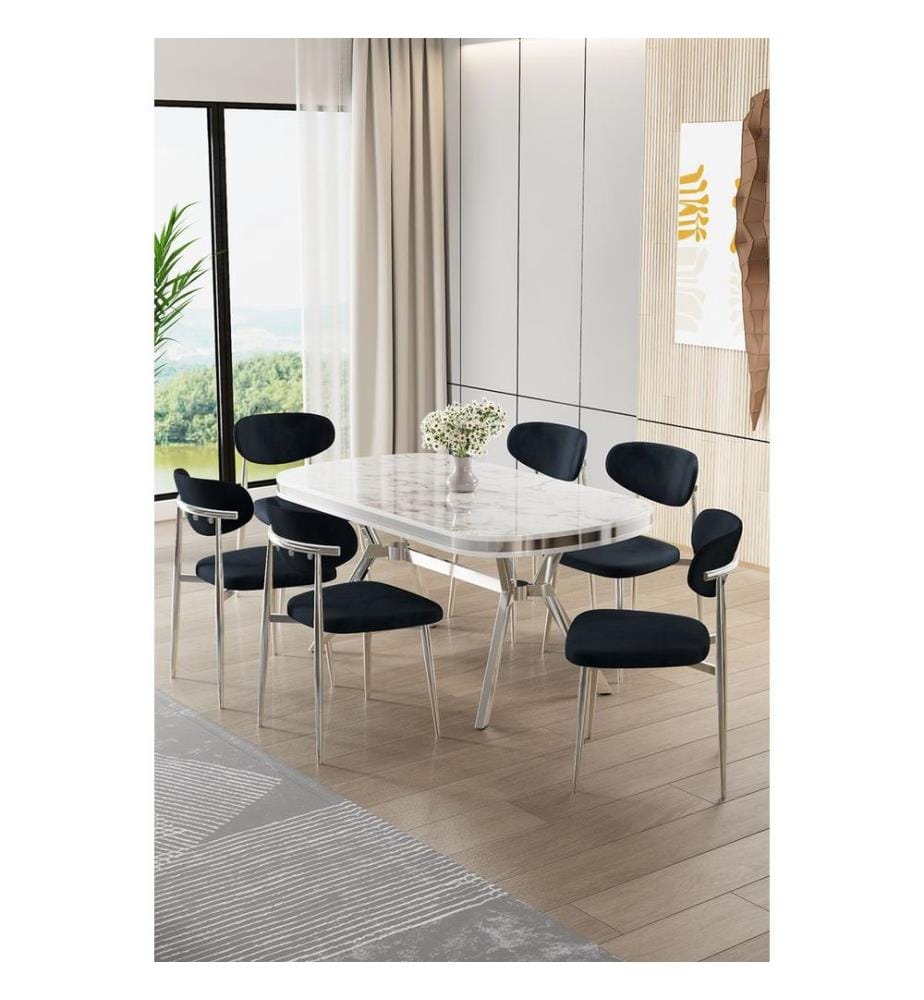 Ensemble table et chaises de salle à manger, 7 pièces, panneau 100 % laqué, marbre blanc, chrome, anthracite