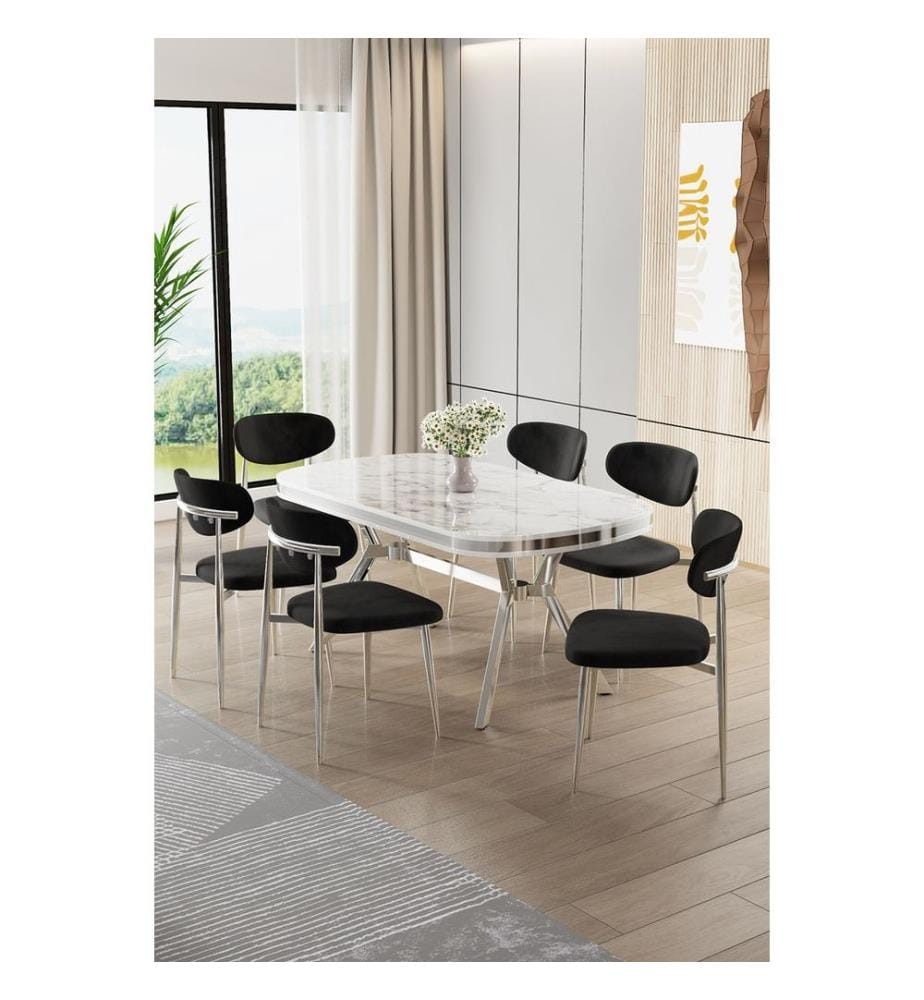 Ensemble table et chaises de salle à manger, 7 pièces, panneau 100 % laqué, marbre blanc, chrome, noir