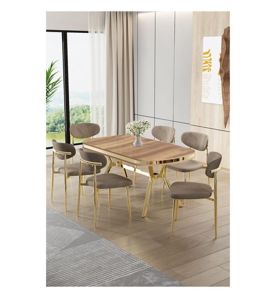 Ensemble table et chaises de salle à manger, 7 pièces, panneau 100 % laqué, chêne, doré, cappuccino