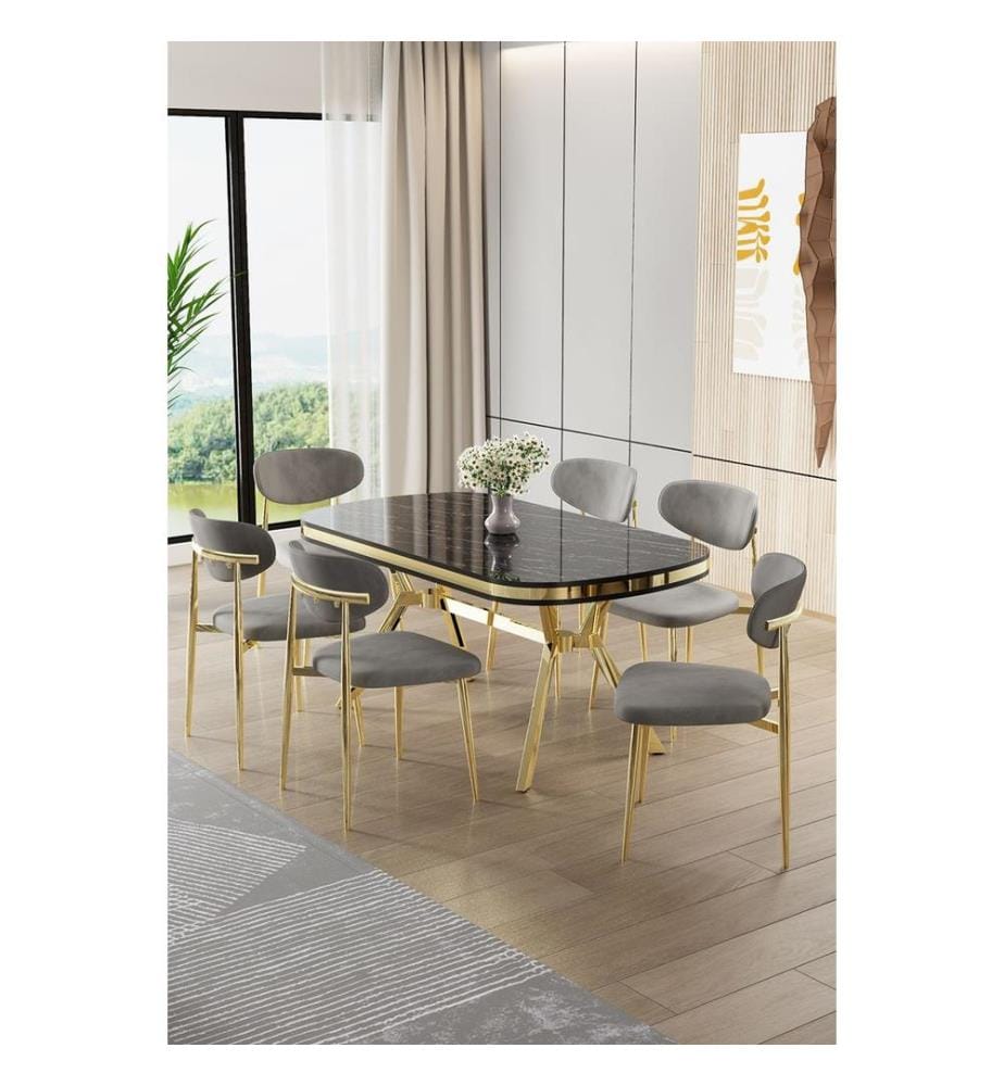 Ensemble table et chaises de salle à manger, 7 pièces, panneau 100 % laqué, marbre noir, or, gris
