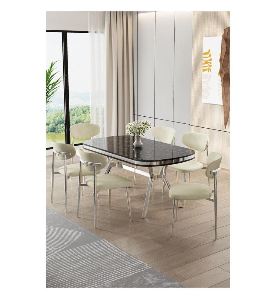 Ensemble table et chaises de salle à manger, 7 pièces, panneau 100 % laqué, marbre noir, chrome, crème