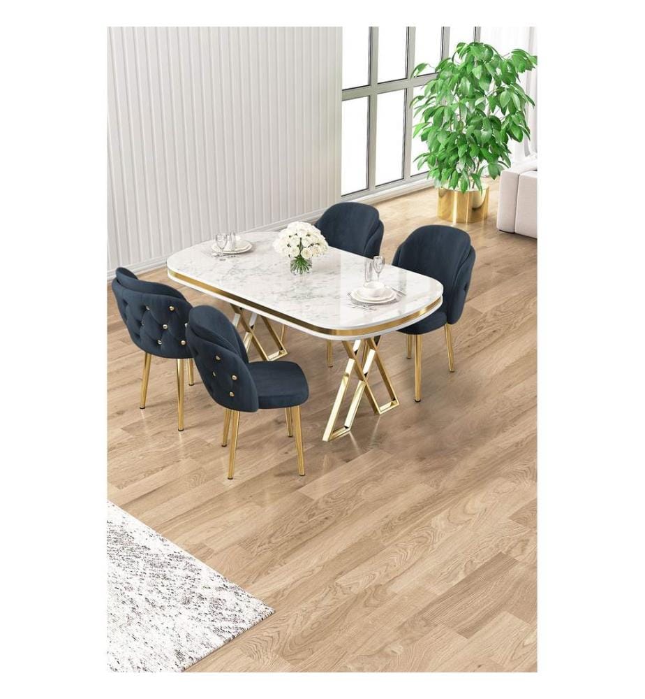Ensemble table et chaises de salle à manger, 5 pièces, panneau 100 % laqué, marbre blanc, or, anthracite