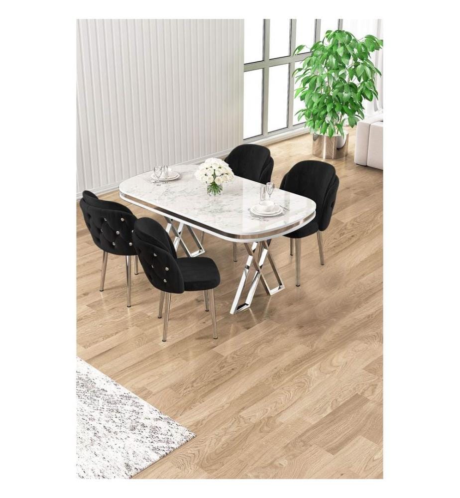 Ensemble table et chaises de salle à manger, 5 pièces, panneau 100 % laqué, BEYAZ MERMER KROM, SIYAH