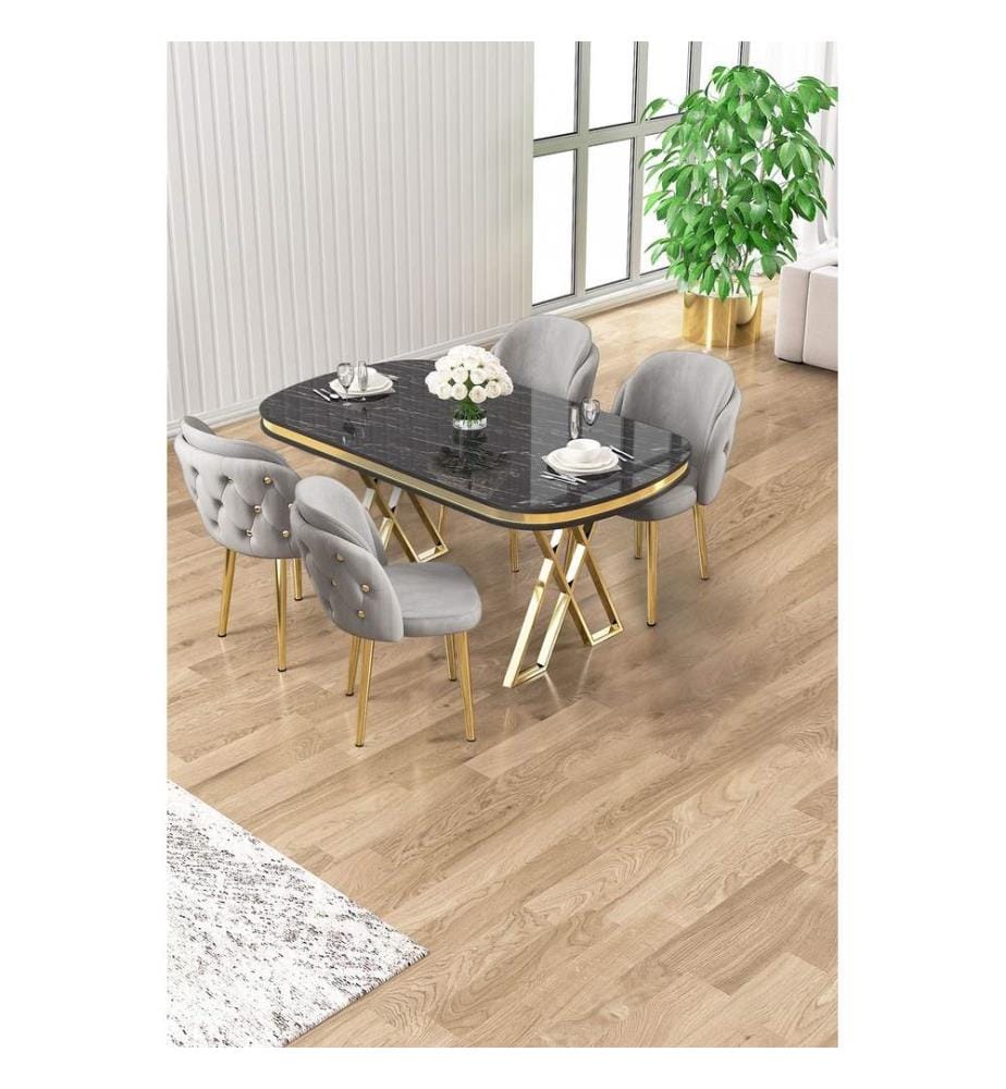 Ensemble table et chaises de salle à manger, 5 pièces, panneau 100 % laqué, marbre noir, or, gris