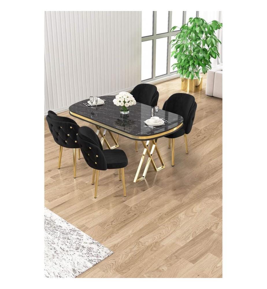 Ensemble table et chaises de salle à manger, 5 pièces, panneau 100 % laqué, marbre noir, or, noir