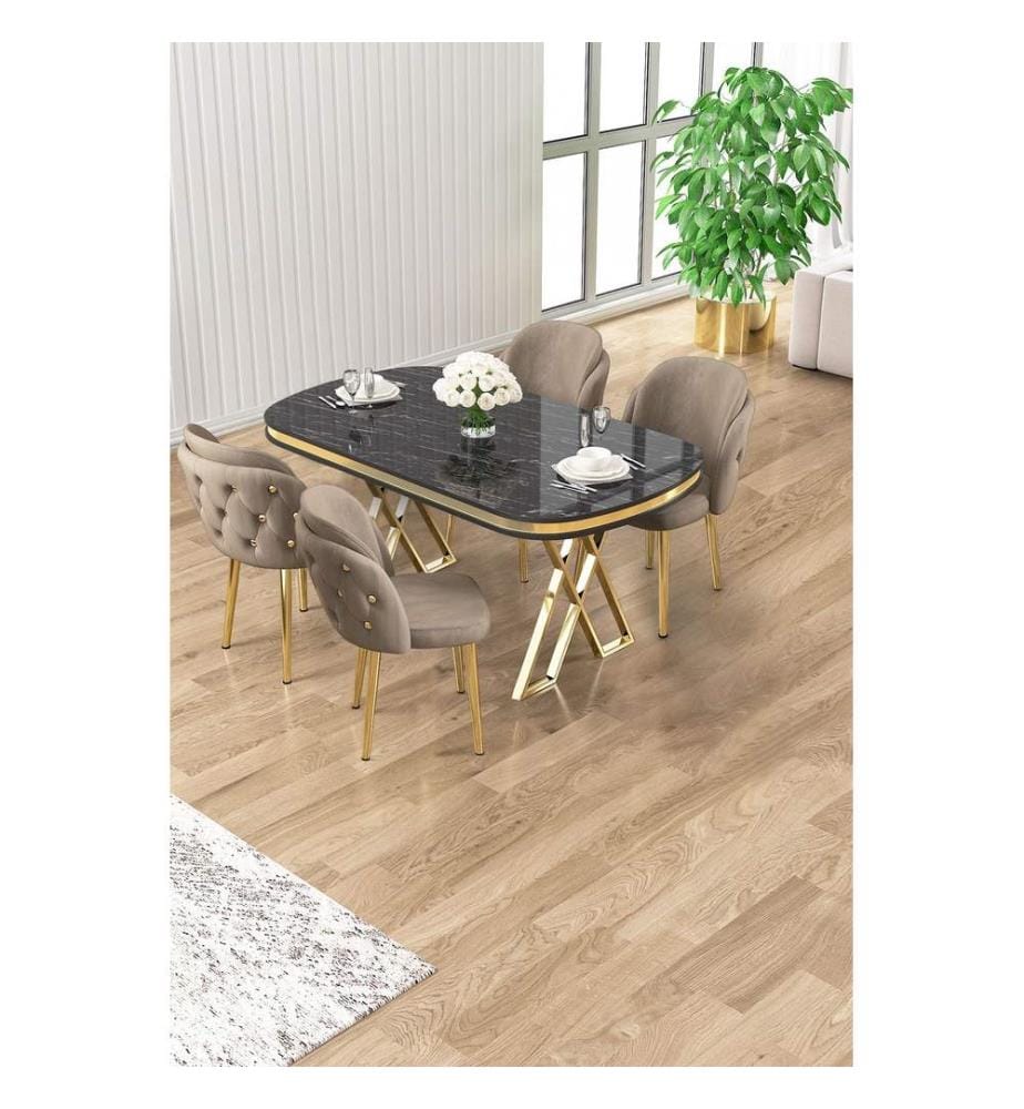 Ensemble table et chaises de salle à manger, 5 pièces, panneau 100 % laqué, marbre noir, or, cappuccino