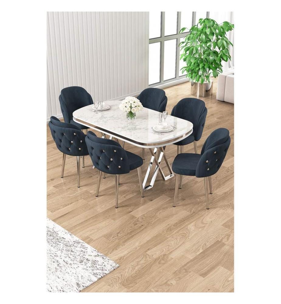 Ensemble table et chaises de salle à manger, 7 pièces, panneau 100 % laqué, marbre blanc, chrome, anthracite