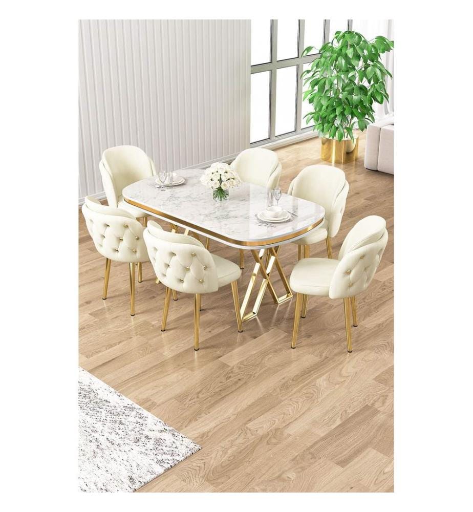 Ensemble table et chaises de salle à manger, 7 pièces, panneau 100 % laqué, marbre blanc, or, crème