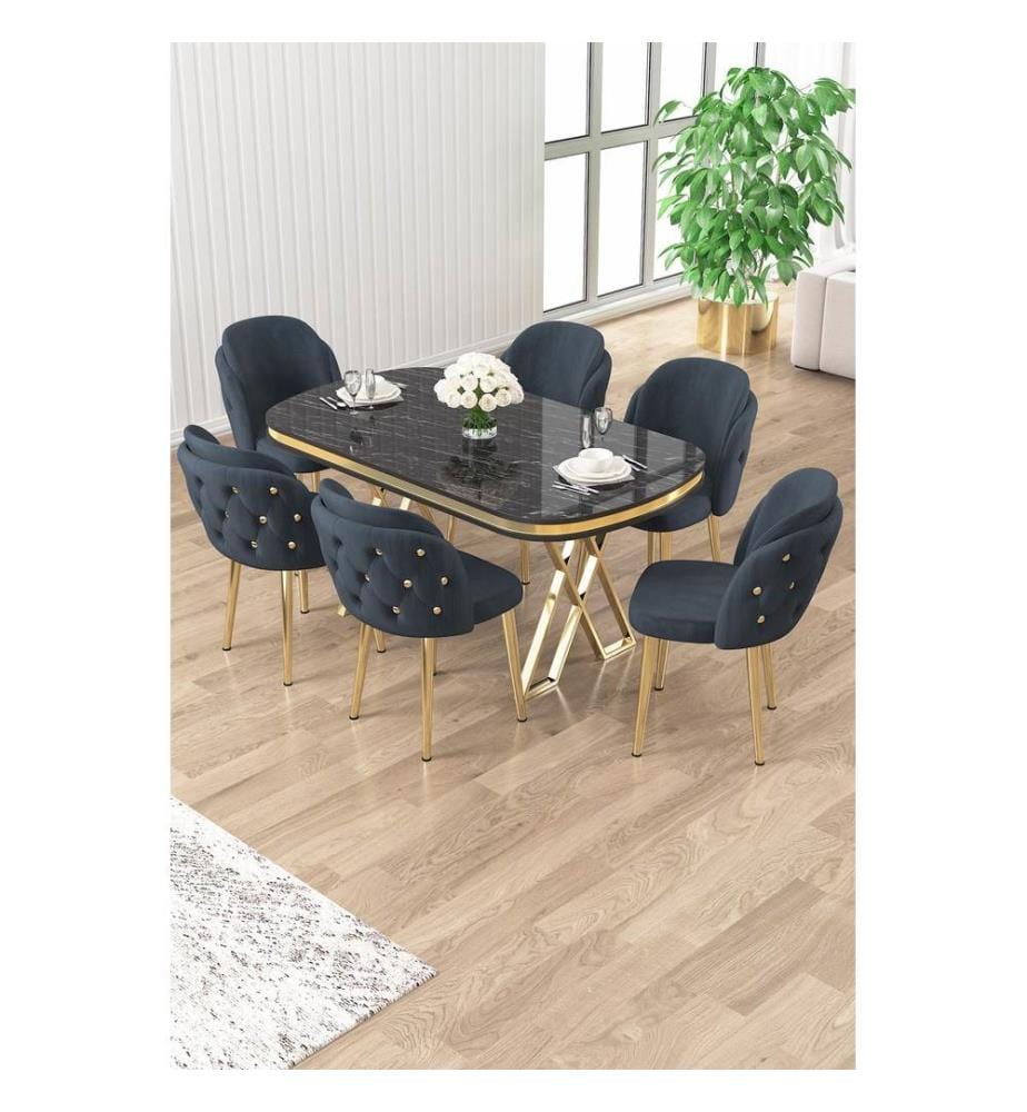 Ensemble table et chaises de salle à manger, 7 pièces, panneau 100 % laqué, marbre noir, or, anthracite