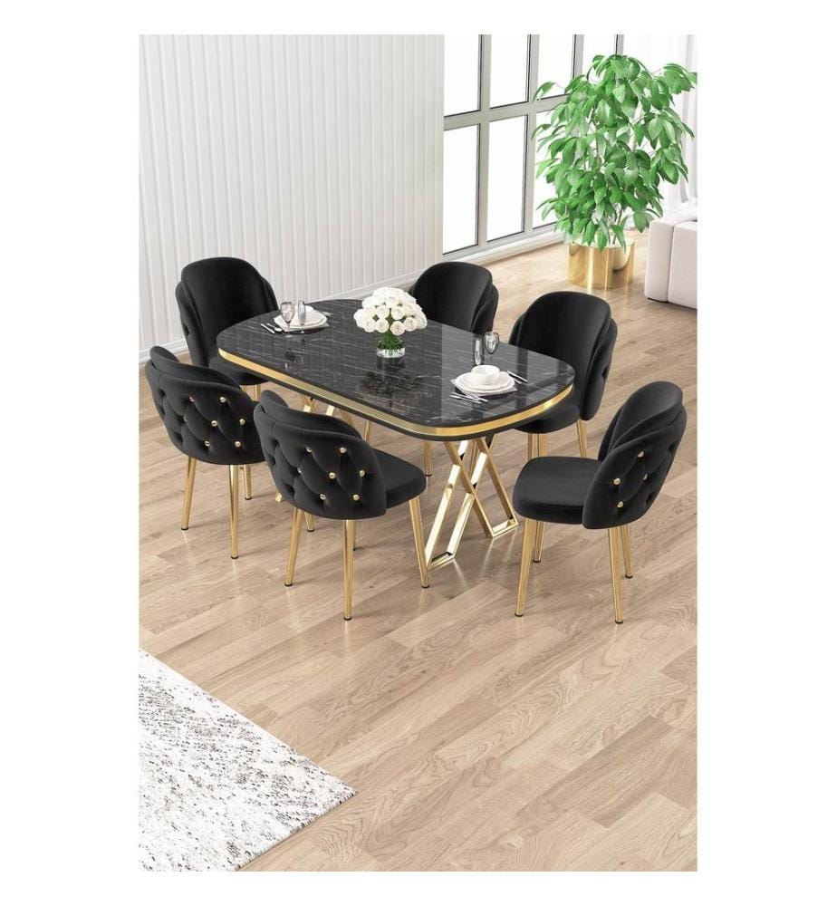 Ensemble table et chaises de salle à manger, 7 pièces, panneau 100 % laqué, marbre noir, or, noir
