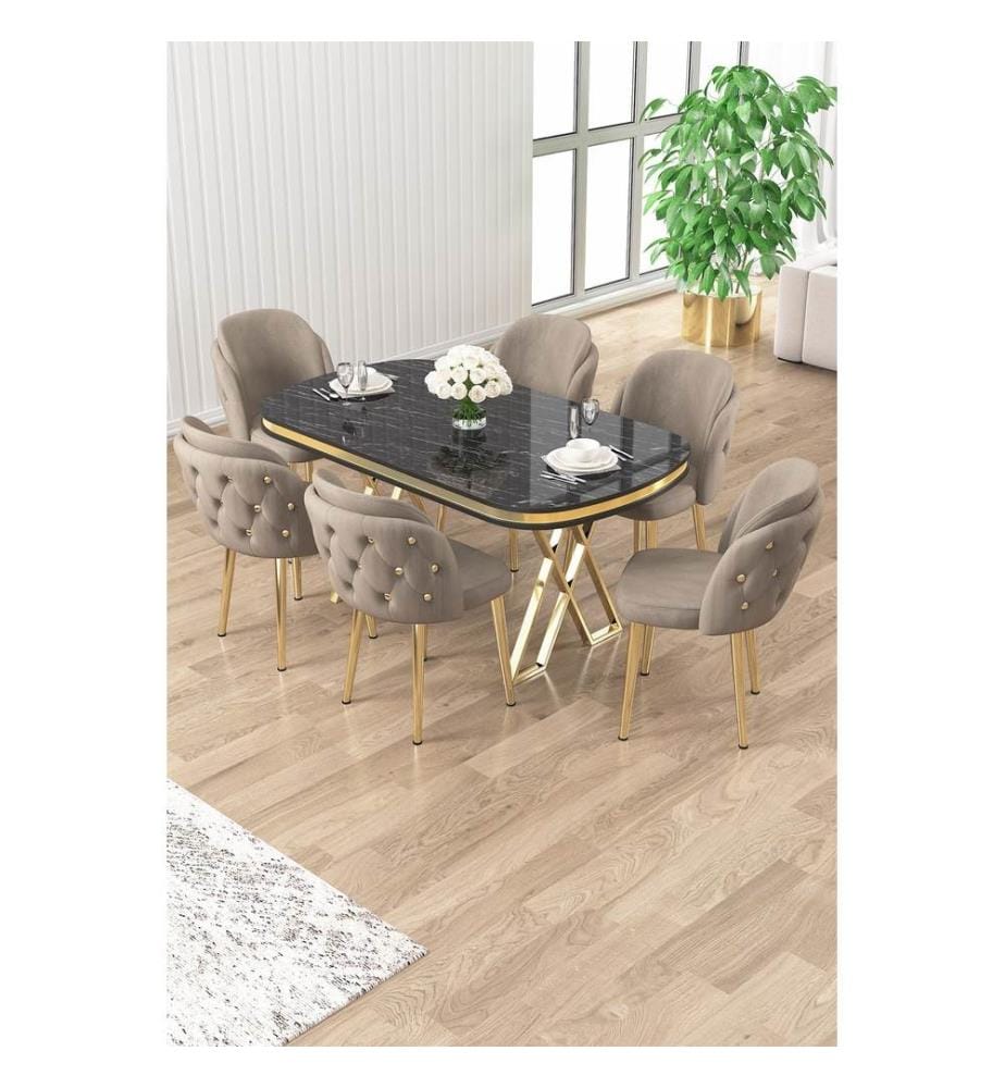 Ensemble table et chaises de salle à manger, 7 pièces, panneau 100 % laqué, marbre noir, or, cappuccino