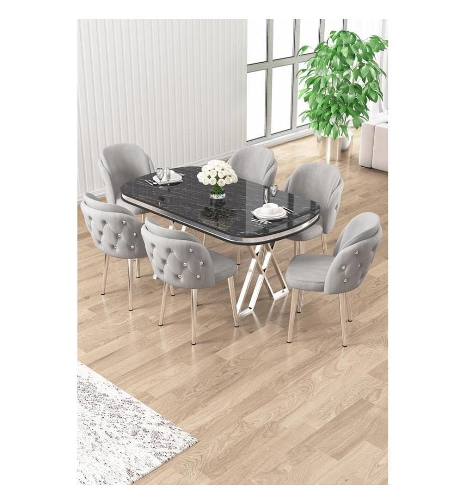 Ensemble table et chaises de salle à manger, 7 pièces, panneau 100 % laqué, marbre noir, chrome, gris