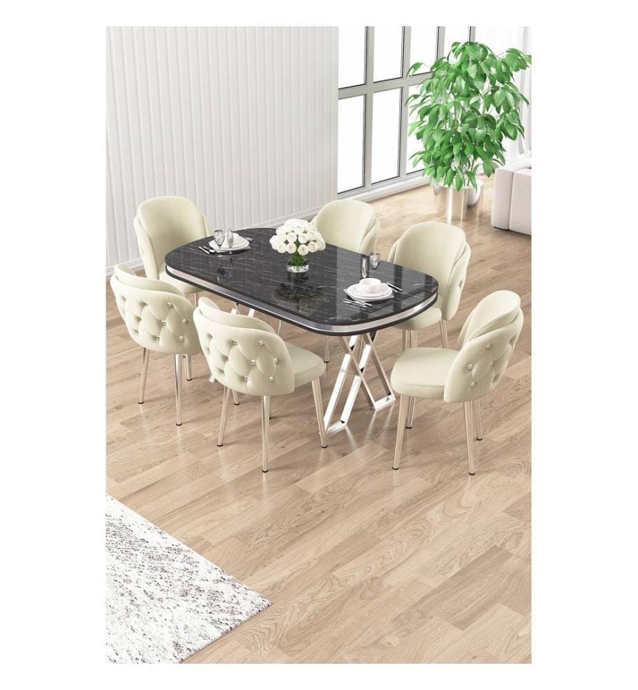Ensemble table et chaises de salle à manger, 7 pièces, panneau 100 % laqué, marbre noir, chrome, crème