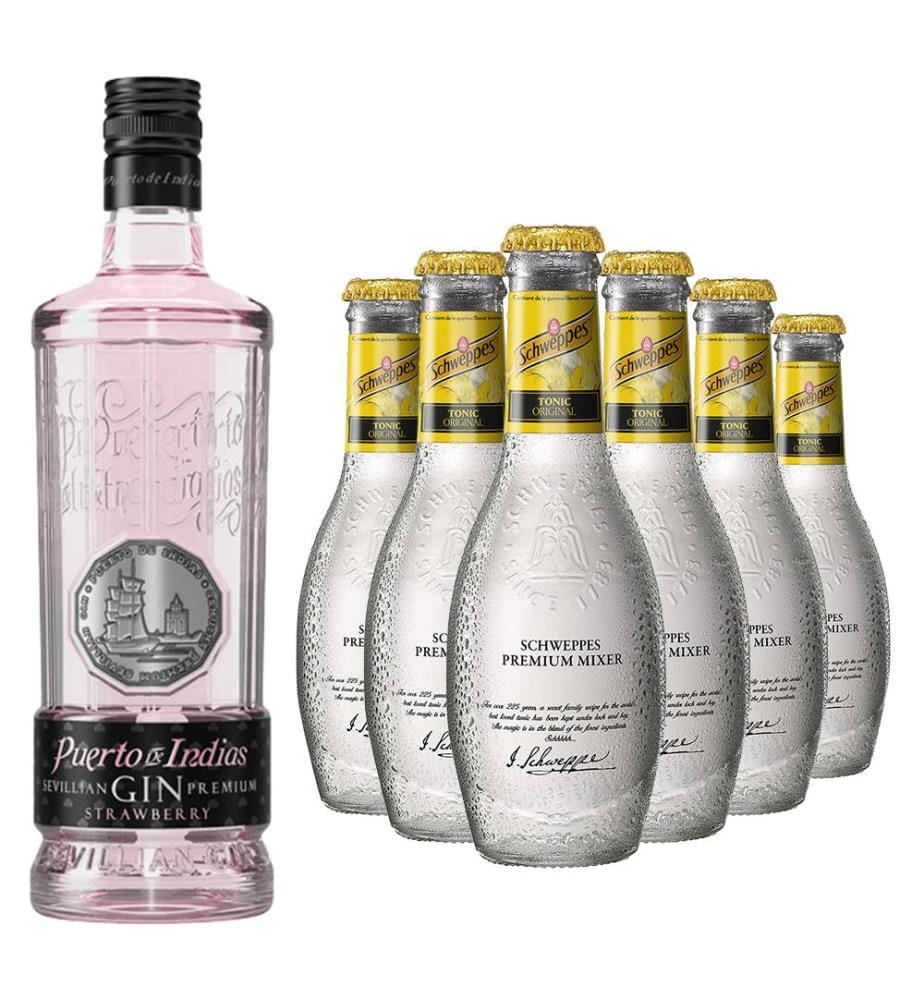 Puerto de Indias Strawberry Gin + 6x Schweppes OriGinal Tonic & Lime - 1 x 70 cl + 6 x 20 cl