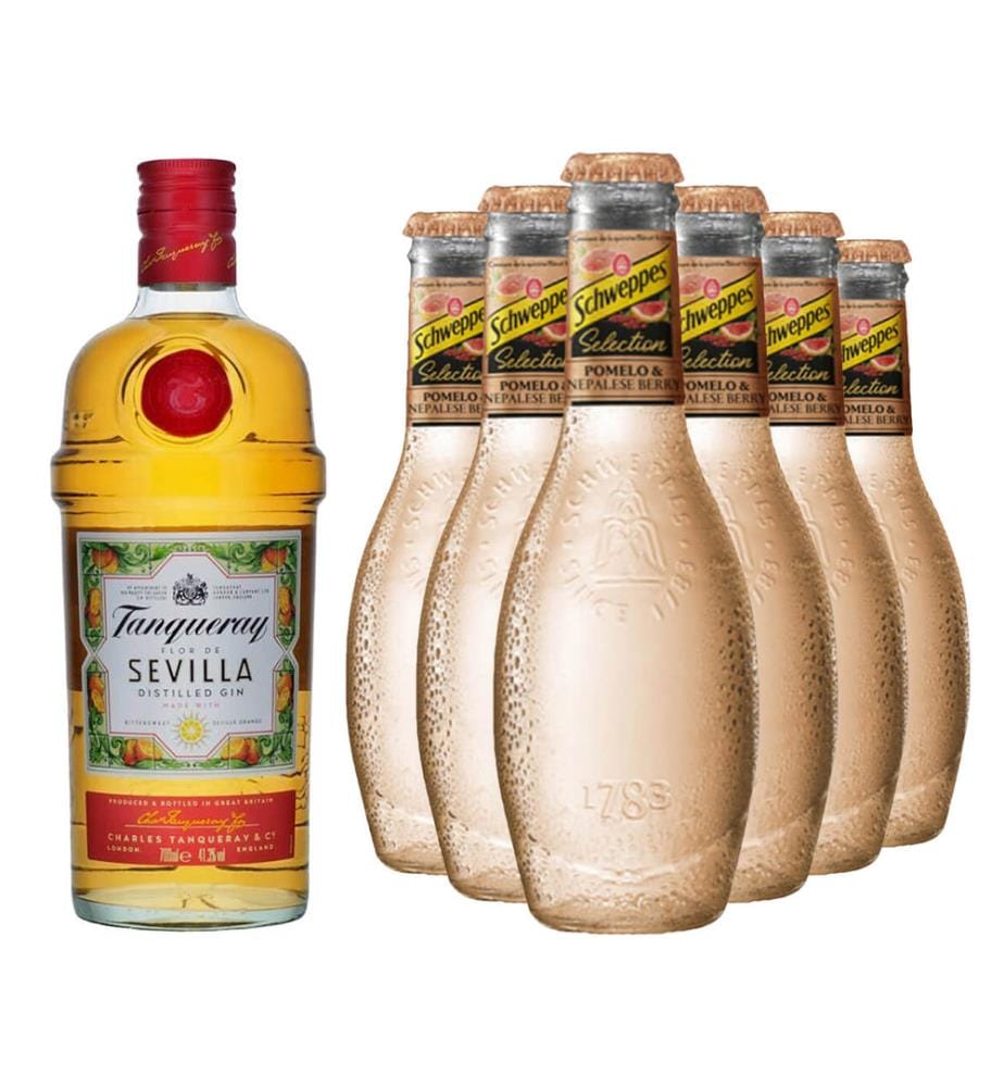 Tanqueray Flor de Sevilla & 6 Schweppes Selection Tonic Pomelo & Nepalese Berry - 1 x 70 cl + 6 x 20 cl